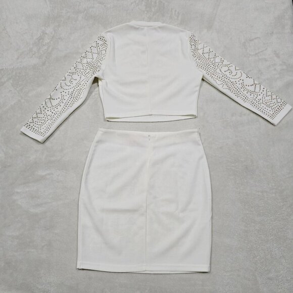 Banjul x Nasty Gal ✦ White Studded Skirt Set S ✦ Cropped Top Mini Skirt Zip-Back - Picture 10 of 16